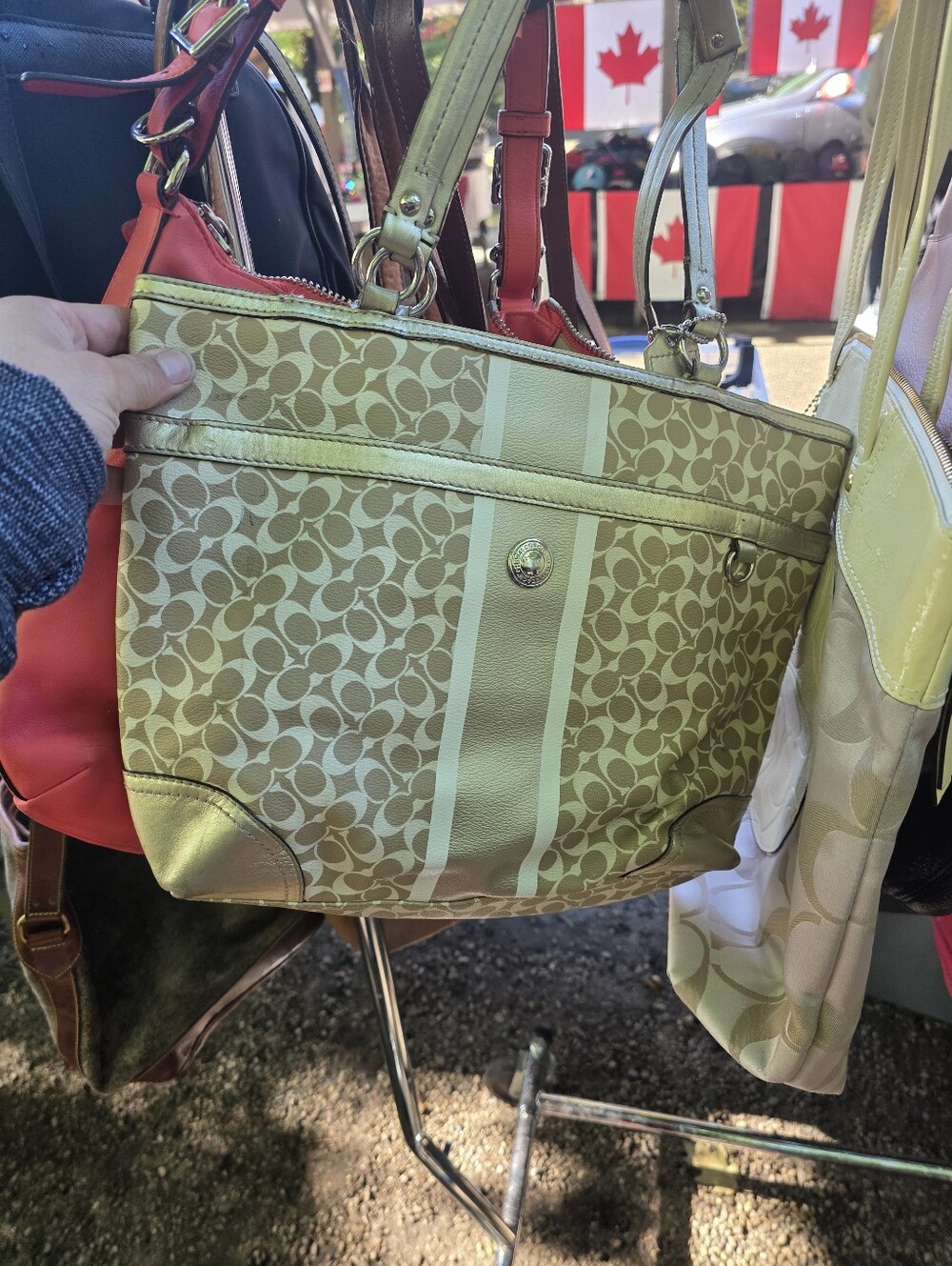 Coach Tote Bag in Khaki and Gold Trim